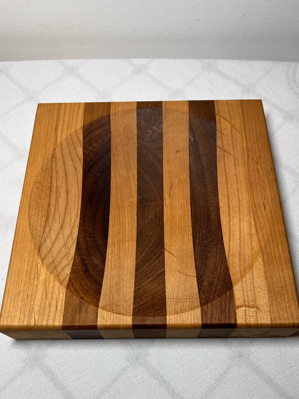 New Handmade Striped Wooden Serving Board or Trinket Dish in Natural Brown Wood
